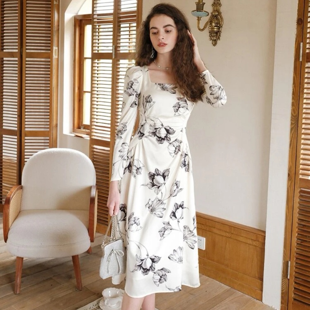 White floral satin/silk material dress